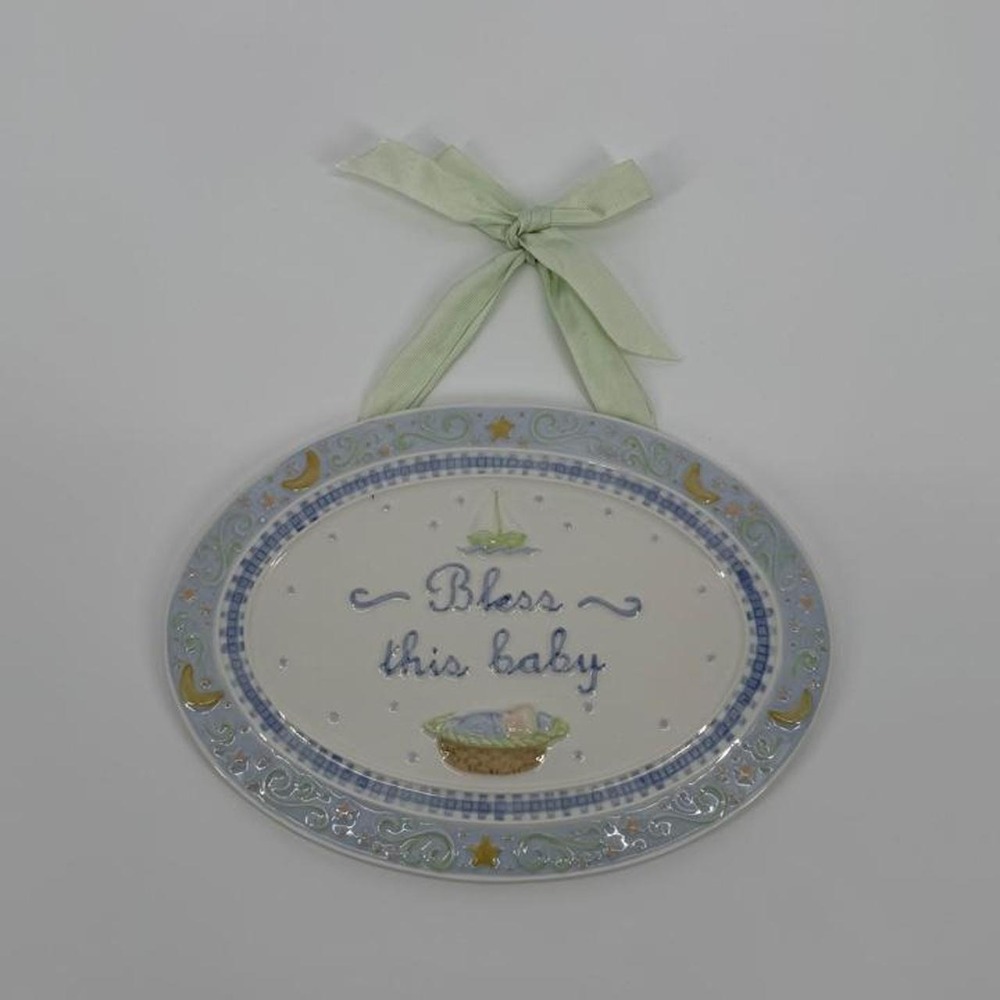 Bless This Baby Ceramic Wall Plaque Oval Nursery Decor Blue Gold White Ribbon